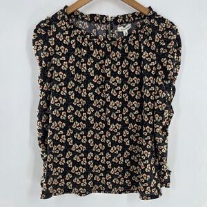 Max Studio Black Floral Rouched Long Sleeve Top Womens Size XSmall